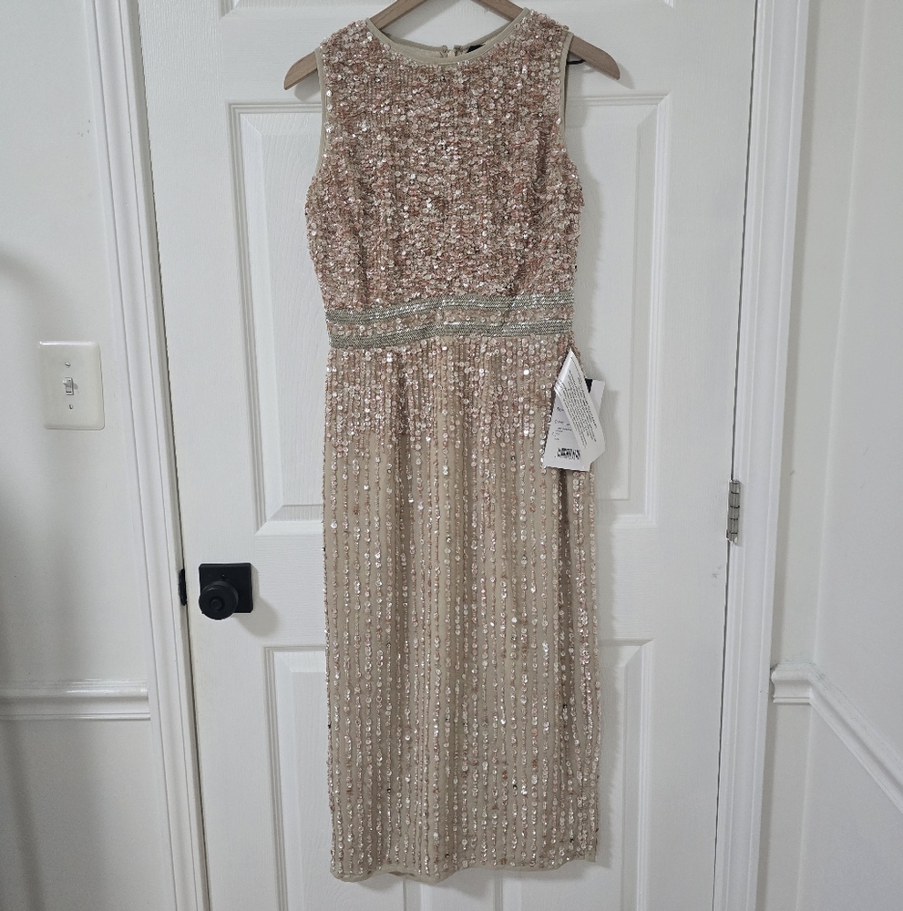 Mac Duggal Gold/pink Sequin High Neck Beaded Midi Sheath Dress New Size 4 - Picture 7 of 13